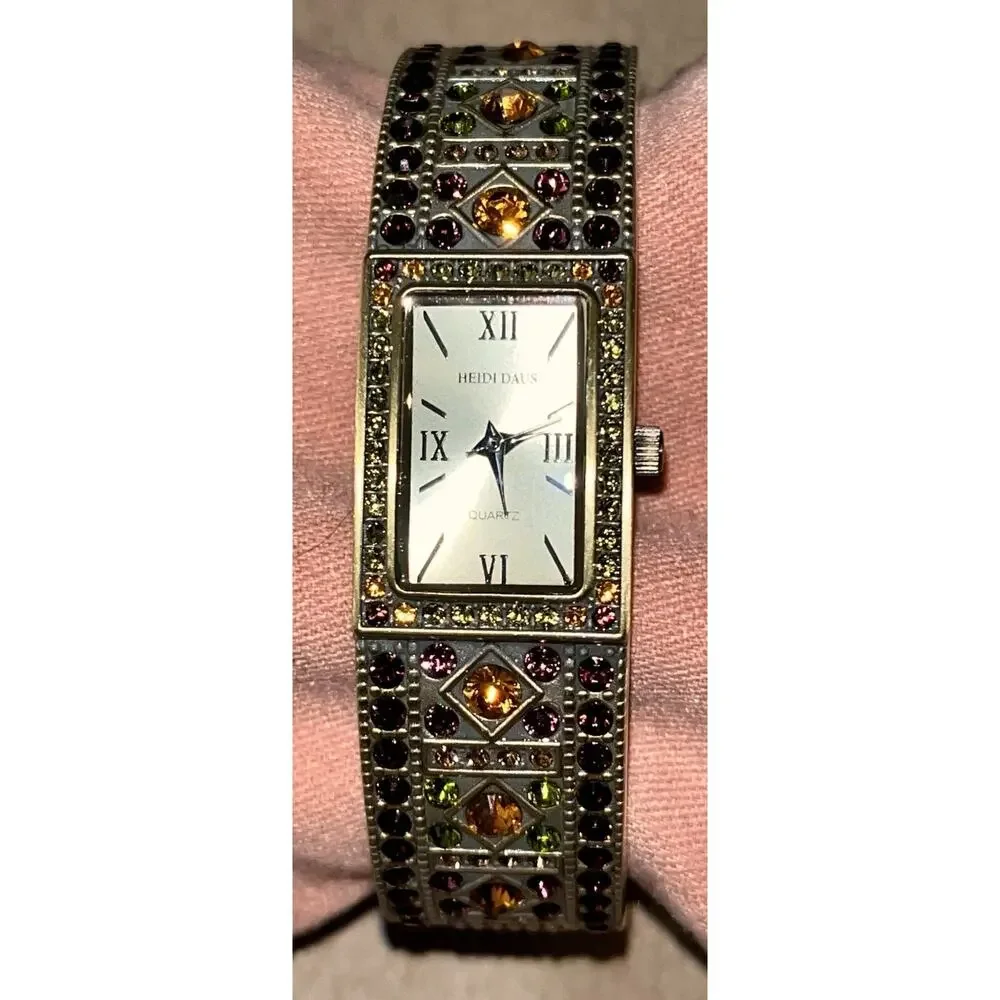 Heidi Daus Double Trouble Bangle Cuff Wrist Watch Swarovski Crystals Brass Tone